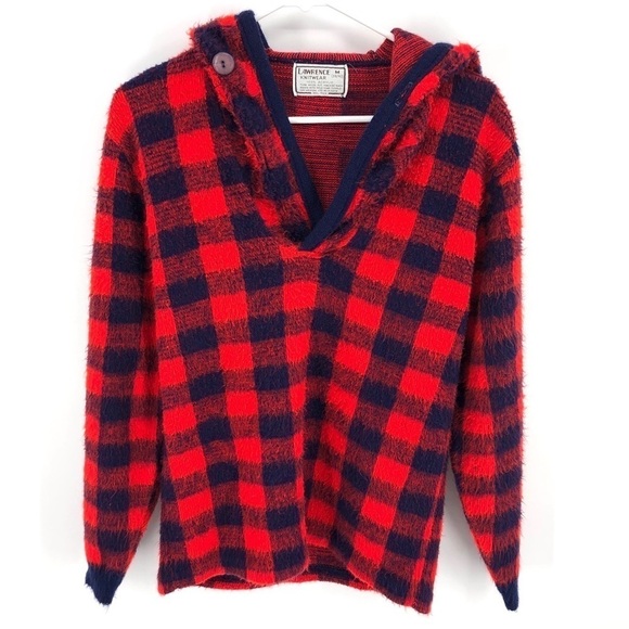 Vintage Tops - Vintage Lawrence Knitwear Fuzzy Buffalo Check Hoodie Shirt Red Blue Medium